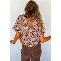Pink Floral Print Bubble Hem Split Neck Blouse - L thumbnail