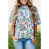 Light Blue Abstract Print Puff Sleeve Mock Neck Blouse - L thumbnail