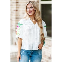 White Floral Embroidered Puff Sleeve Notched Neck Blouse - L thumbnail