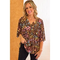 White Leopard Print Wide Sleeve Peplum Hem Blouse - L thumbnail