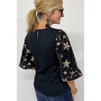 Black Star Sequin Splicing Half Sleeve Top - S thumbnail
