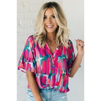Rose Abstract Brushwork Print Buttoned V Neck Blouse - L thumbnail