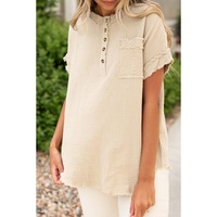 Parchment Crinkle Textured Frayed Trim Half Button Short Sleeve Top - L thumbnail