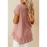 Pink Solid Short Sleeve Ruffle Hem Top - L thumbnail