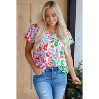 Green Contrast Leopard Print V Neck Short Sleeve Blouse - L thumbnail
