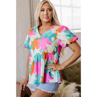 Pink Floral Print Bubble Sleeve V Neck Peplum Blouse - L thumbnail