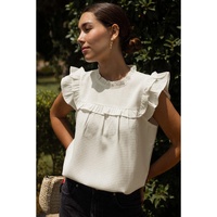 White Solid Color Ruffle Trim Waffle Knit Blouse - M thumbnail