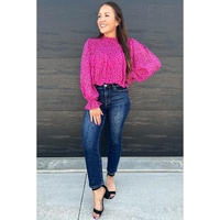 Rose Leopard Shirred Puff Sleeve Flowy Blouse - L thumbnail