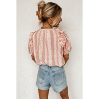 Red Frilled Short Puff Sleeve Mixed Print Blouse - L thumbnail
