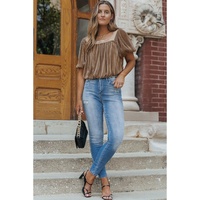 Simply Taupe Pleated Puff Sleeve Square Neck Blouse - L thumbnail