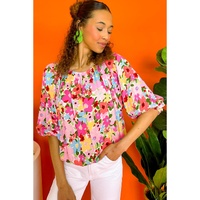 Red Floral Print Puff Sleeve Pleated Elastic Neckline Blouse - M thumbnail
