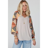 Parchment Contrast Printed Raglan Sleeves Patchwork V Neck Loose Top - L thumbnail