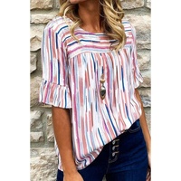 White Multicolor Striped Splash Half Sleeve Blouse - M thumbnail