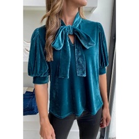 Azura Exchange Peacock Blue Velvet Bow Tie Neck Short Sleeve Top - L thumbnail