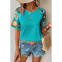 Turquoise Floral Crochet Short Sleeve Top - S thumbnail