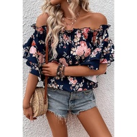Blue Ruffle Off Shoulder Flounce Sleeve Floral Blouse - M thumbnail