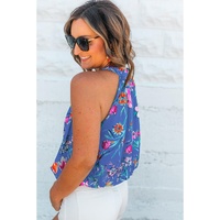 Sky Blue Floral Print Buttoned Neckline Tank Top - L thumbnail