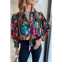 Green Floral Knot Split Neck Puff Sleeve Blouse - L thumbnail