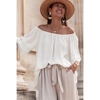 White Frilly Off Shoulder Lace Insert Sleeve Textured Blouse - M thumbnail
