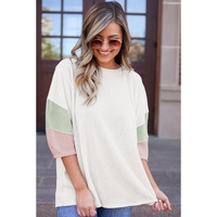 White Color Block Ribbed Knit Quarter Sleeve Top - L thumbnail