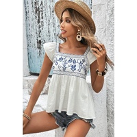 White Embroidered Bust Square Neck Peplum Blouse - L thumbnail