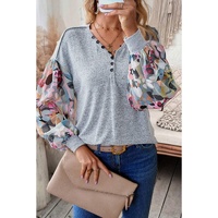Gray Floral Lantern Sleeve Patchwork Buttoned V Neck Top - M thumbnail