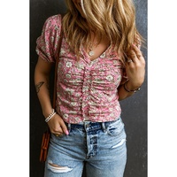 Pink Floral Short Puff Sleeve V Neck Ruched Blouse - L thumbnail