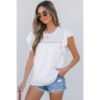 White Lace Neckline Flutter Sleeve Eyelets Blouse - XL thumbnail