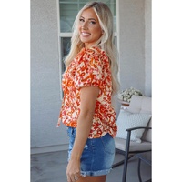 Orange Floral Print Ruffled Short Puff Sleeve Split Neck Blouse - 2XL thumbnail