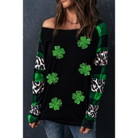 Green Sequin Clover Patch Graphic Plaid&Leopard Sleeve Top - M thumbnail