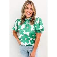 Green Floral Puff Sleeve Frill Neckline Blouse - L thumbnail