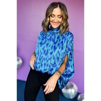 Blue Animal Printed Mock Neck Detail Caftan Top - M thumbnail