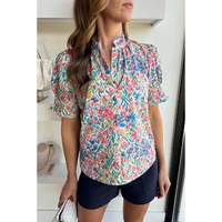 Pink Floral Print Button Split Neck Puff Sleeve Blouse - 2XL thumbnail