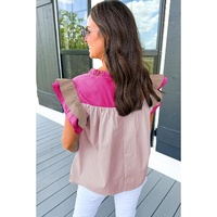 Pink Colorblock Ruffled Sleeve Frill V Neck Blouse - XL thumbnail