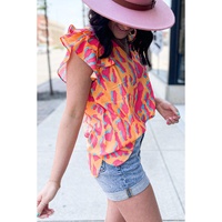 Orange Abstract Print V Neck Ruffled Sleeve Blouse - L thumbnail