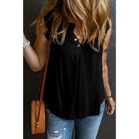 Black Button Split Neck Ruffled Trim Tank Top - S thumbnail