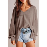 Coffee Waffle V Neck Long Sleeve Drop Shoulder Loose Blouse - 2XL thumbnail