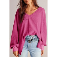 Bright Pink Waffle V Neck Long Sleeve Drop Shoulder Loose Blouse - L thumbnail