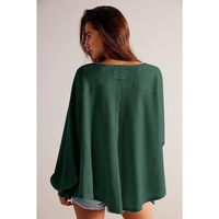 Blackish Green Waffle V Neck Long Sleeve Drop Shoulder Loose Blouse - M thumbnail