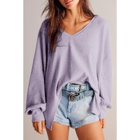 Orchid Petal Waffle V Neck Long Sleeve Drop Shoulder Loose Blouse - L thumbnail