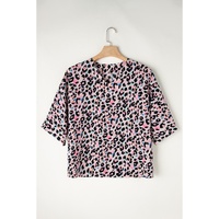Pink Multicolor Leopard Print V Neck Oversized Blouse - L thumbnail