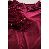 Red Dahlia Sequin Patchwork Sleeve Button Up Velvet Top - L thumbnail