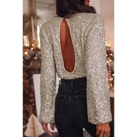 Silvery Sequin Puff Sleeve Cutout Back Blouse - M thumbnail