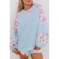 Beau Blue Textured Floral Patchwork Balloon Sleeve Blouse - L thumbnail