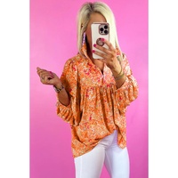 Orange Abstract Print Collared V Neck Babydoll Blouse - M thumbnail