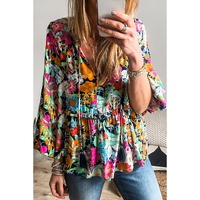 Multicolour Floral Print Bubble Sleeve V Neck Ruffled Blouse - XL thumbnail