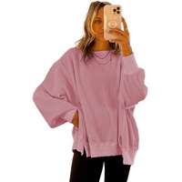 Pink Waffle Knit Bishop Sleeve Split Oversized Sweatshirt - M thumbnail