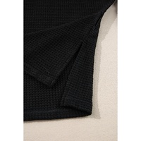 Black Waffle Knit Side Slits Loose Fit V Neck Top - L thumbnail