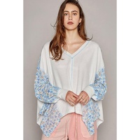 White Abstract Floral Patchwork Batwing Sleeve V Neck Blouse - M thumbnail