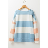 Light Blue Colorblock Striped Drop Shoulder Long Sleeve Top - L thumbnail
